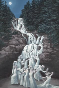 a painting of women dancing in front of a waterfall at night with the moon above them