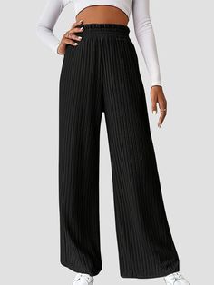 Ribbed Stretch Wide Leg Bottoms, Solid Color Ribbed Wide-leg Pants, Solid Ribbed Wide Leg Pants, Solid Wide Leg Ribbed Pants, Full Length Ribbed Bottoms For Fall, Stretch Ribbed Wide Leg Pants, Chic Full Length Ribbed Pants, Chic Full-length Ribbed Pants, Solid Ribbed Full-length Bottoms