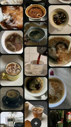 there are many pictures of different types of coffees in the same cup and saucer