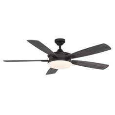 a ceiling fan with two blades and a light on the top, against a white background