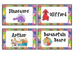 four different name tags for children's books with cartoon animals and dinosaurs on them