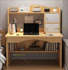 a laptop computer sitting on top of a wooden desk next to a book shelf filled with books