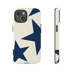 an iphone case with blue and white stars on it, next to a phone holder