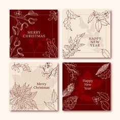 four christmas cards with holly leaves and berries on them, all in red and white