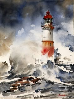 a watercolor painting of a lighthouse in the ocean