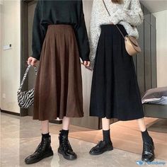 Orcajump - High-Waisted Corduroy Skirt: A Fashionable and Vintage Addition to Your Wardrobe Black Corduroy Skirt, Velvet Pleated Skirt, Western Brown, Khaki Skirt, Queer Fashion, Velvet Skirt, Corduroy Skirt, Winter Fits, Vintage Velvet