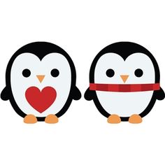 two penguins with hearts tied to their necks, one penguin has a red heart on its chest