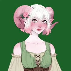 a drawing of a woman with white hair and pink flowers in her hair, wearing a green top