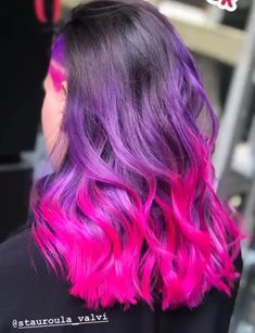 Black Purple Pink Ombre Hair, Pink And Lavender Hair Dark Roots, Dark Purple To Pink Ombre Hair, Black Pink Purple Hair, Pink And Purple Balayage Brunette, Purple And Pink Balayage, Purple Pink And Black Hair, Purple Pink Balayage, Pink And Purple Hair Ombre