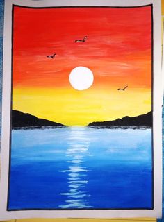 a painting of a sunset with birds flying over the water