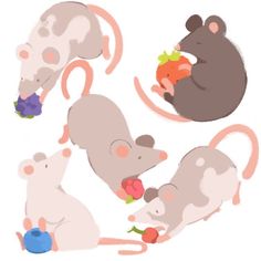 four different mouses are eating vegetables together