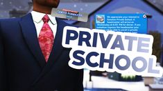 a fake man wearing a suit and tie with a private school sign in front of him