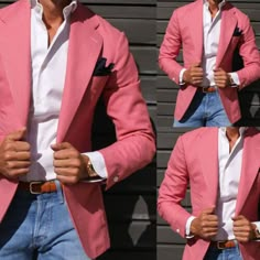 Hot Pink Casual Men Linen Suits Summer Wedding Wear Slim Fit Groom Prom Tuxedos | eBay Men Suit Fashion, Cocktail Attire Men, Blazer Outfits Men, Look Rose, Mens Suit Vest, Single Breasted Blazer, Pink Suit, Custom Suit