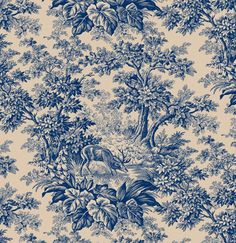 a blue and white toiler wallpaper with trees, flowers and animals on it