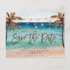 save the date card with string lights and palm trees on the beach in turquoise water