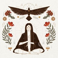 a woman sitting in the middle of a lotus position with an eagle above her head