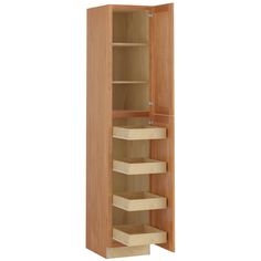 an open wooden cabinet with shelves and drawers