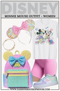 minnie mouse outfit with pink shorts, white shirt and blue shoes is featured in this image