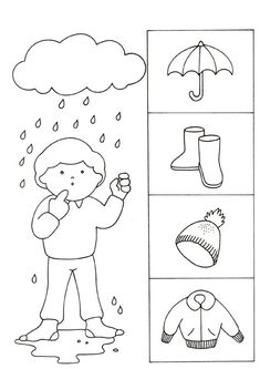 a black and white drawing of a person holding an umbrella in the rain with other items below it