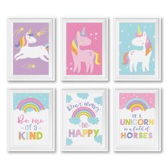 four unicorns are shown with the words be a unicorn, be a kind of happy