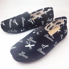 Custom Designed Hairdresser Shoes Canvas Slip on black shoes with white design of scissors, combs & the words LOVE & PASSION (chosen by a group of hairdressers ;) ) Hairdresser Shoes, Cosmetology School Outfits, Salon Wear, Cosmetology Student, Best Hair Straightener, Cosmetology School, Salon Ideas, Shoes Canvas, Hair Dresser