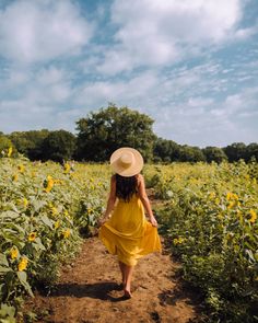 a woman in a yellow dress and straw hat walks through sunflowers