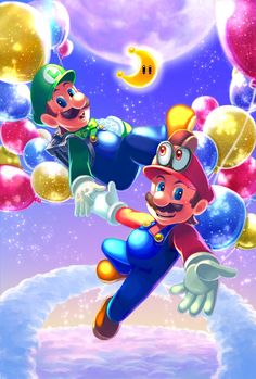 mario and luigi are flying through the air with balloons in the sky behind them,