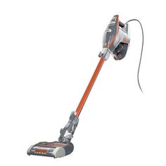 a cordless stick vacuum is shown on a white background with an orange handle and red trim