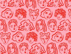 a red and white drawing of many people's faces with different hair styles on them