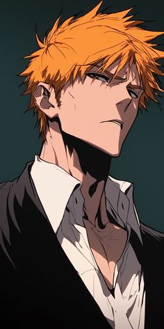 an anime character with orange hair wearing a black suit and white shirt, looking to his left