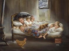 a painting of children laying on a bed with an umbrella over their heads and chickens nearby