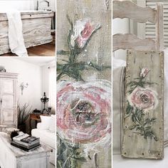 four different pictures of an old dresser and bed with flowers painted on the front, side, and back