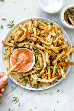 french fries on a plate with dipping sauce