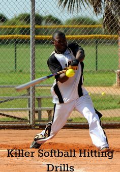 a man swinging a baseball bat at a ball on a field with the words killer softball hitting drills