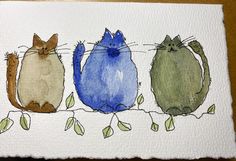 three cats sitting on top of a white piece of paper with watercolor paint over it