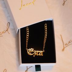 Give yourself or someone special a personalized gift with this Custom Old English Name Necklace. Crafted with 14k gold plating on top of stainless steel, these hypoallergenic and waterproof necklaces feature a 4mm Cuban chain and are made for long-lasting wear. It's the perfect way to show your love. Up to 14 letters per name. Made to order. Production time for your custom name necklace will take up to 14 business days to complete. Once your necklace is made, your order will be shipped and deliv Waterproof Necklaces, Old English Names, Name Necklace Silver, English Name, Special A, Custom Name Necklace, Cuban Chain, Old English, Sale Event