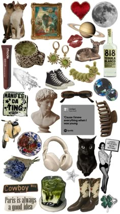 many different items are arranged together in this collage, including an image of a man's head