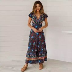 Maxi Dress Floral Print V-Neck Short Sleeve Wrap Around Closure Tags: Boho Retro Vintage Spell Gypsy Vici Free People Anthropologie Revolve Love Lemon Reformation Zara Faithful Johnny Coachella Bohemian Hippy Chic Beach Wrap Dress, Indie Dresses, Dark Blue Dress, Beach Wrap, Holiday Beach, Beach Maxi Dress, Outfit Trends, Boho Maxi, Vestido Casual