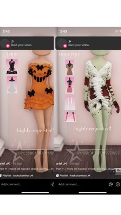 three mannequins in different styles and colors are displayed on an app screen