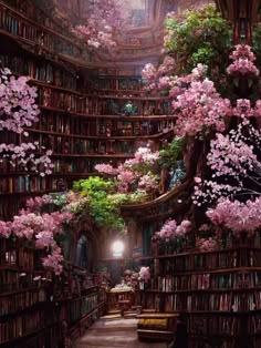 a room filled with lots of books covered in pink flowers