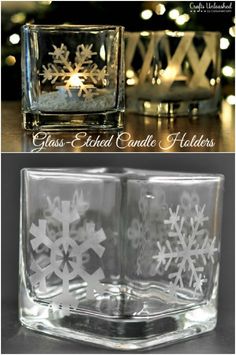 two glass candle holders with snowflakes on them, one is clear and the other has