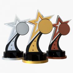 three trophies with stars and circles on each one stand in front of the white background