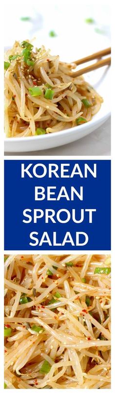 korean bean sprout salad on a white plate with chopsticks in it