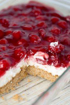 a close up of a dessert with cherries on it