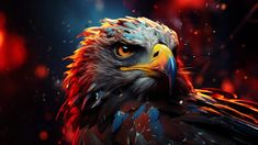 an eagle with colorful feathers on its head is looking at the camera while standing in front of red and blue lights