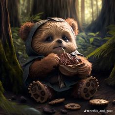 a brown teddy bear sitting in the middle of a forest with cookies on it's feet