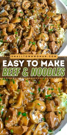 Easy to make this beef recipe for dinner! This Beef and Noodles is the perfect comfort food dish that's filled with hearty flavors. This no-canned soup recipe with mushrooms, onions, garlic, and gravy is ready in less than 35 minutes. Save this main course idea!