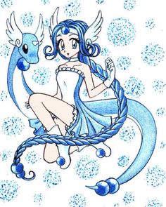 a drawing of a woman sitting on top of a blue dragon with horns and wings