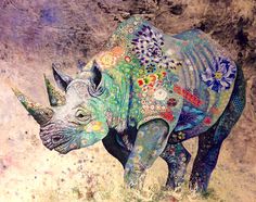 a painting of a rhino is shown in this artistic scene with colors and patterns on it's body