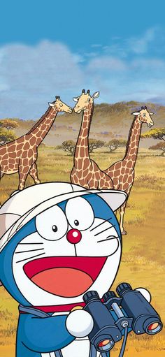 a cartoon character with giraffes in the background and a camera on his shoulder